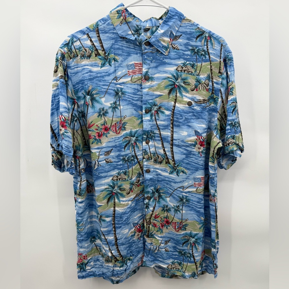 Blue Hawaiian Palm Print Short‎ Sleeve Button-Down Shirt